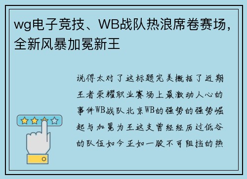 wg电子竞技、WB战队热浪席卷赛场，全新风暴加冕新王